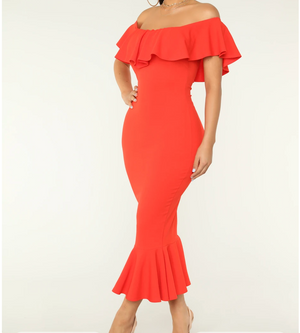 Ruffle Dress - Coral Red